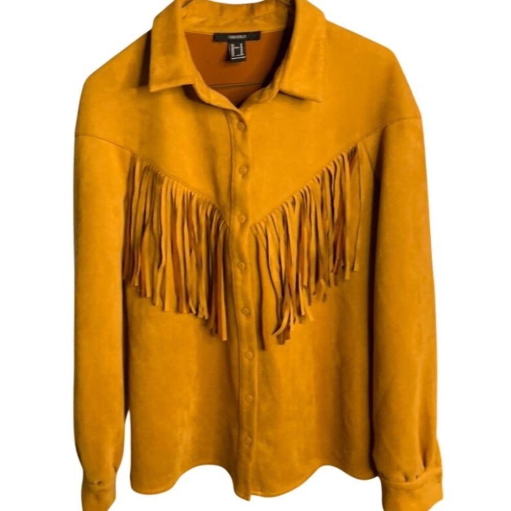 Forever 21 Mustard Yellow Faux Suede Fringe Western Shirt Medium
